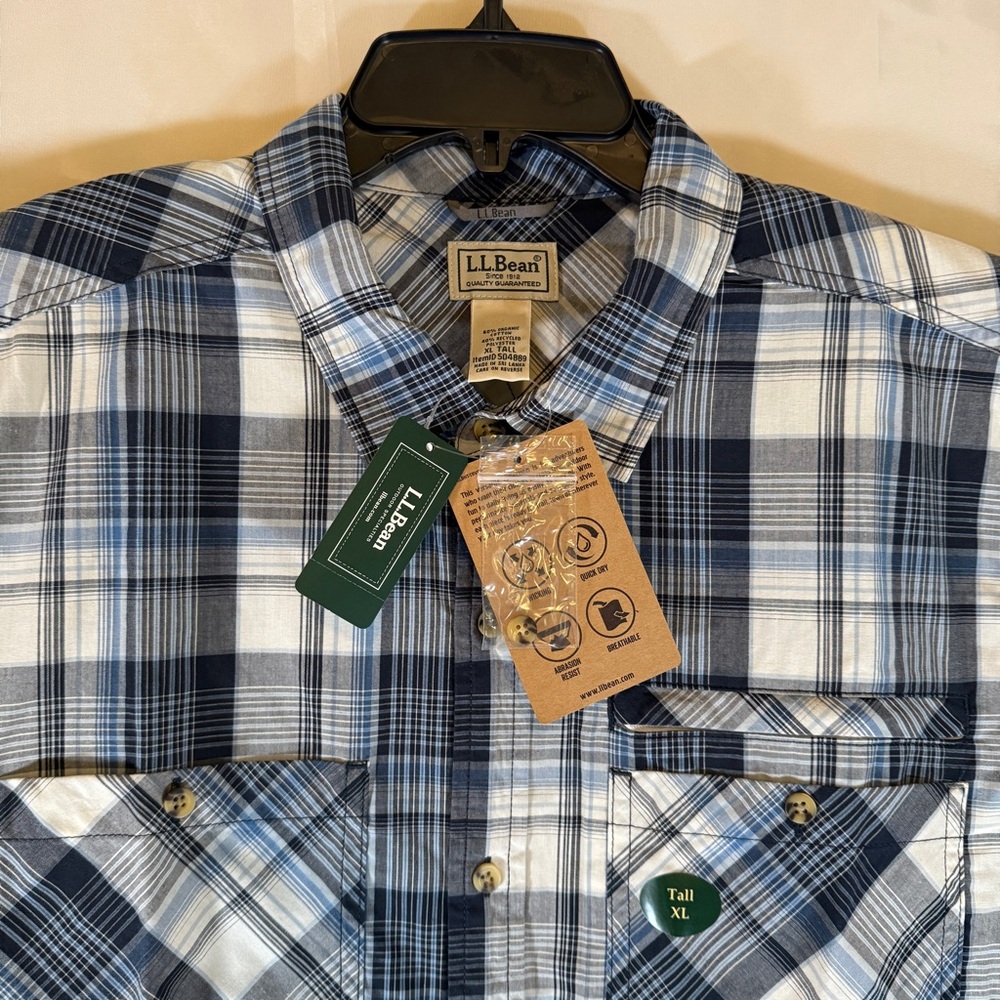 NWT L.L. Bean Men's Navy and White Plaid Shirt Size XL Tall